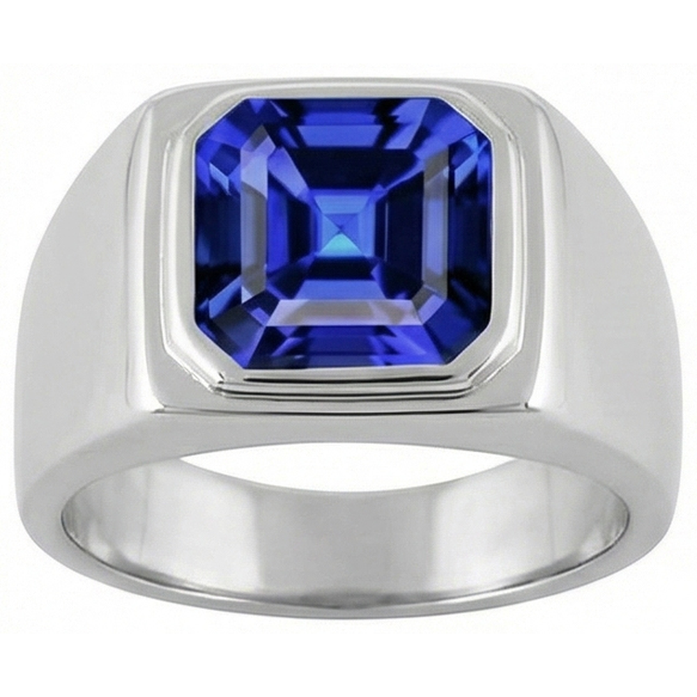Solitaire Herrenring 1,50 Karat Flush Set Blauer Saphir Asscher Cut