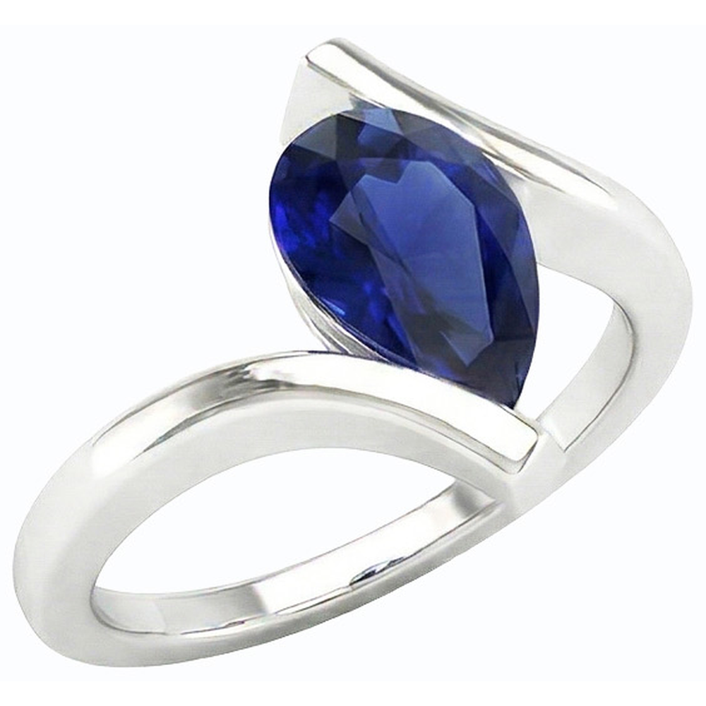 Solitaire Pear Deep Blue Saphir Ring 14K Gold Tension Style 2 Karat