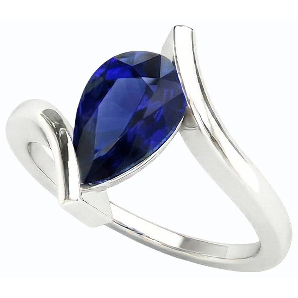 Solitaire Pear Deep Blue Saphir Ring 14K Gold Tension Style 2 Karat