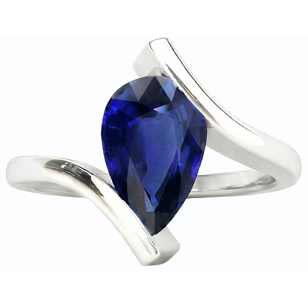 Solitaire Pear Deep Blue Saphir Ring 14K Gold Tension Style 2 Karat