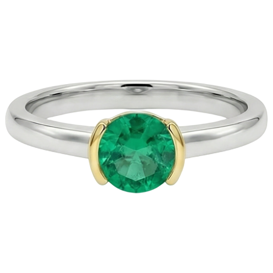 Smaragd Brillantschliff Farbstein-Ring in 14 Karat Zweifarbig Gold – Frontansicht