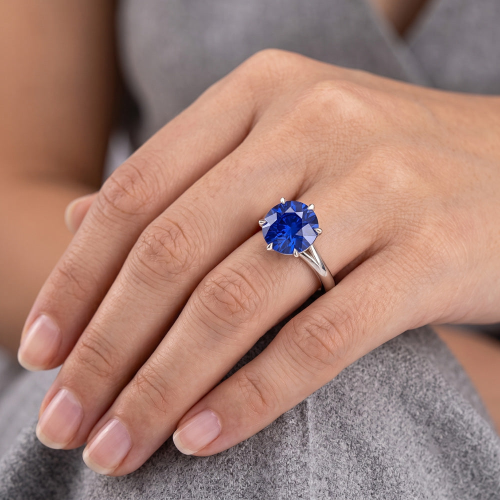 Solitaire Runder Blauer Saphir Ring Krapfen Set