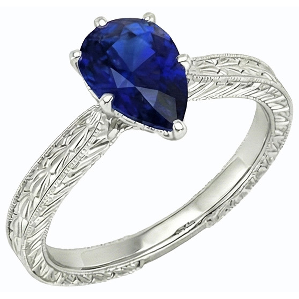 Solitär Birne Antik-Stil Blauer Saphir Ring 1,50 Karat Weißgold