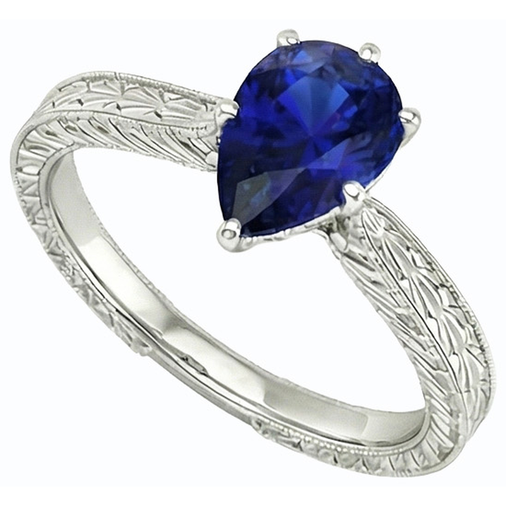 Solitär Birne Antik-Stil Blauer Saphir Ring 1,50 Karat Weißgold