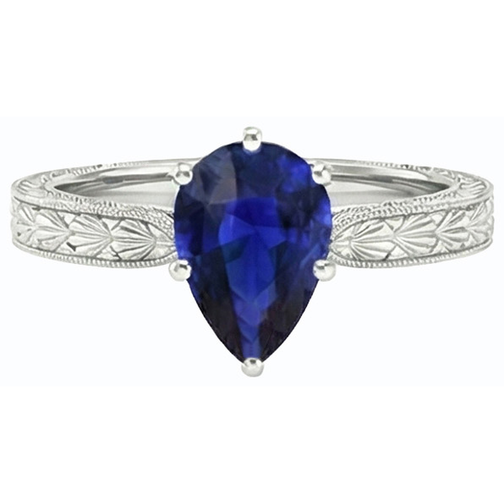Solitär Birne Antik-Stil Blauer Saphir Ring 1,50 Karat Weißgold