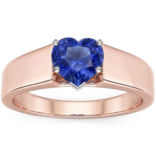 Solitär-Herz-Saphir-Ring 1,50 Karat zweifarbiger Gold mit dickem Schaft