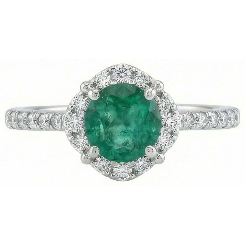 Solitär Mit Akzenten 3.40 Ct Grün Smaragd Und Aus der Erde Abgebauter Natürlicher Diamanten Ring Weißgold 14K