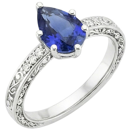 Solitär Ring Birne Blauer Saphir Mit Aus der Erde Abgebauter Natürlicher Diamant Filigran Schaft 4 Karat