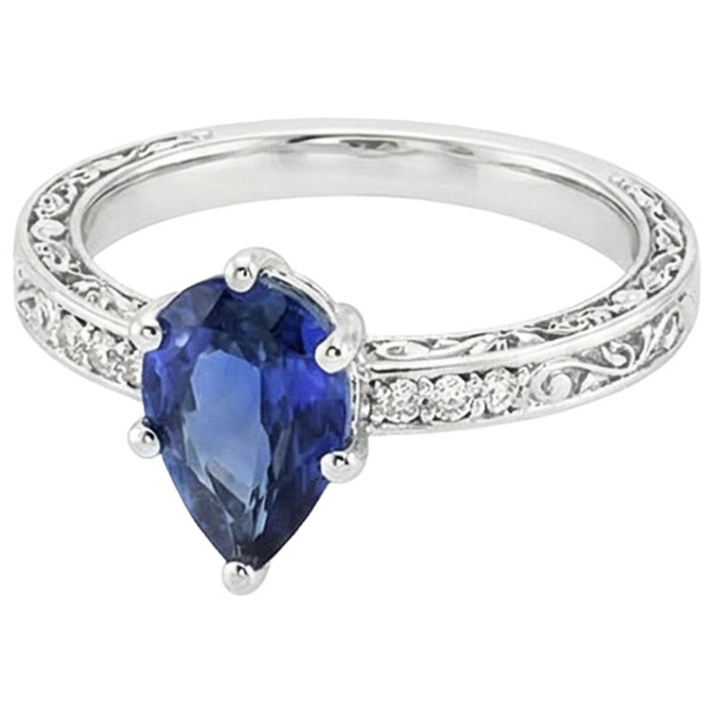 Solitär Ring Birne Blauer Saphir Mit Aus der Erde Abgebauter Natürlicher Diamant Filigran Schaft 4 Karat
