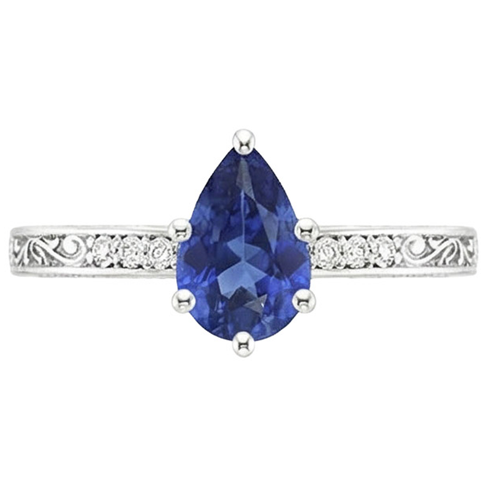 Solitär Ring Birne Blauer Saphir Mit Aus der Erde Abgebauter Natürlicher Diamant Filigran Schaft 4 Karat