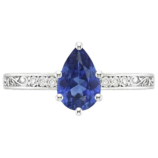 Solitär Ring Birne Blauer Saphir Mit Aus der Erde Abgebauter Natürlicher Diamant Filigran Schaft 4 Karat