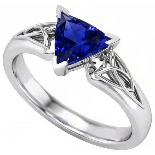 Solitär-Ring Trillion V Zinke Blauer Saphir Antik-Stil 2 Karat