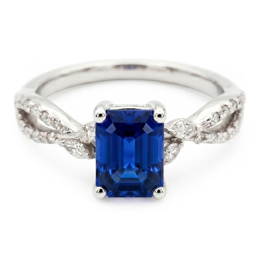 Solitär-Ring mit Marquise-Aus der Erde Abgebauter Natürlicher Diamant-Akzenten & blauem Saphir 4 Karat