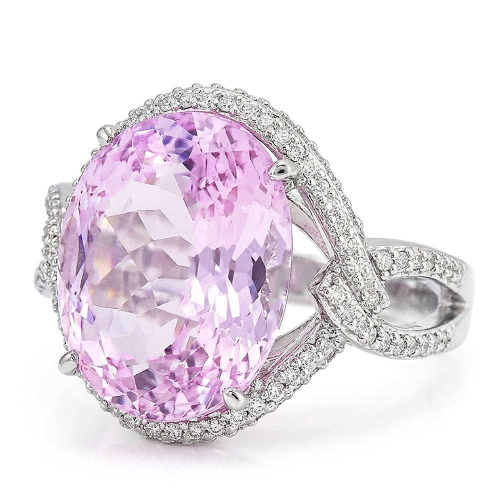Solitär mit Akzent 33 Karat Kunzit mit Aus der Erde Abgebauter Natürlicher Diamanten Ring 14K Gold