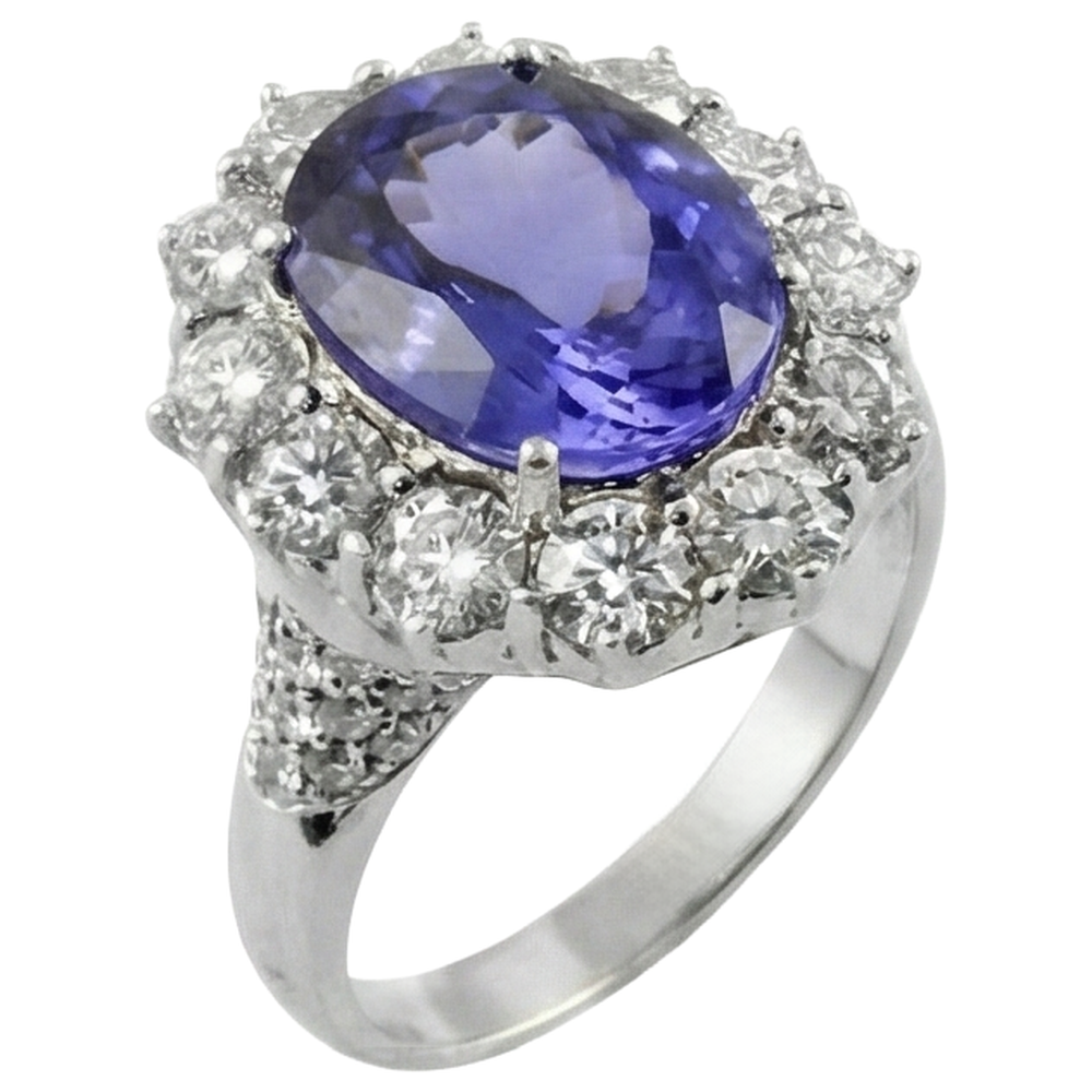 Solitär mit Akzent 7,25 ct. Tansanit und Aus der Erde Abgebauter Natürlicher Diamanten Ring