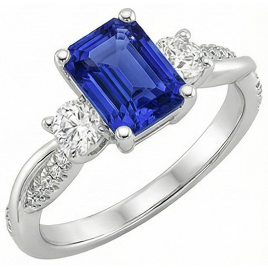 Solitär mit Akzenten 3 Steine Ring Blauer Saphir 4,25 Karat