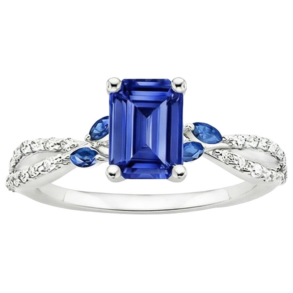 Solitär mit Akzenten Ring Smaragd & Marquise Blaue Saphire 4 Karat