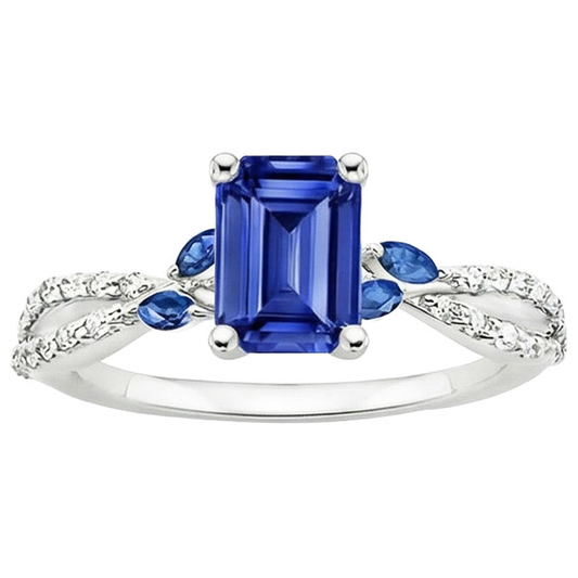 Solitär mit Akzenten Ring Smaragd & Marquise Blaue Saphire 4 Karat