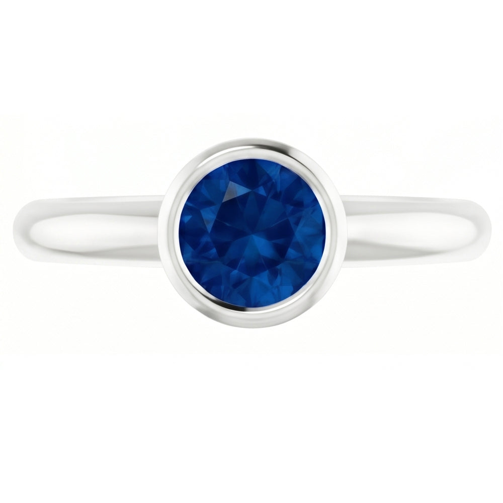 Solitärring Blauer Saphir 0,75 Karat Lünettenfassung Weißgold 14K