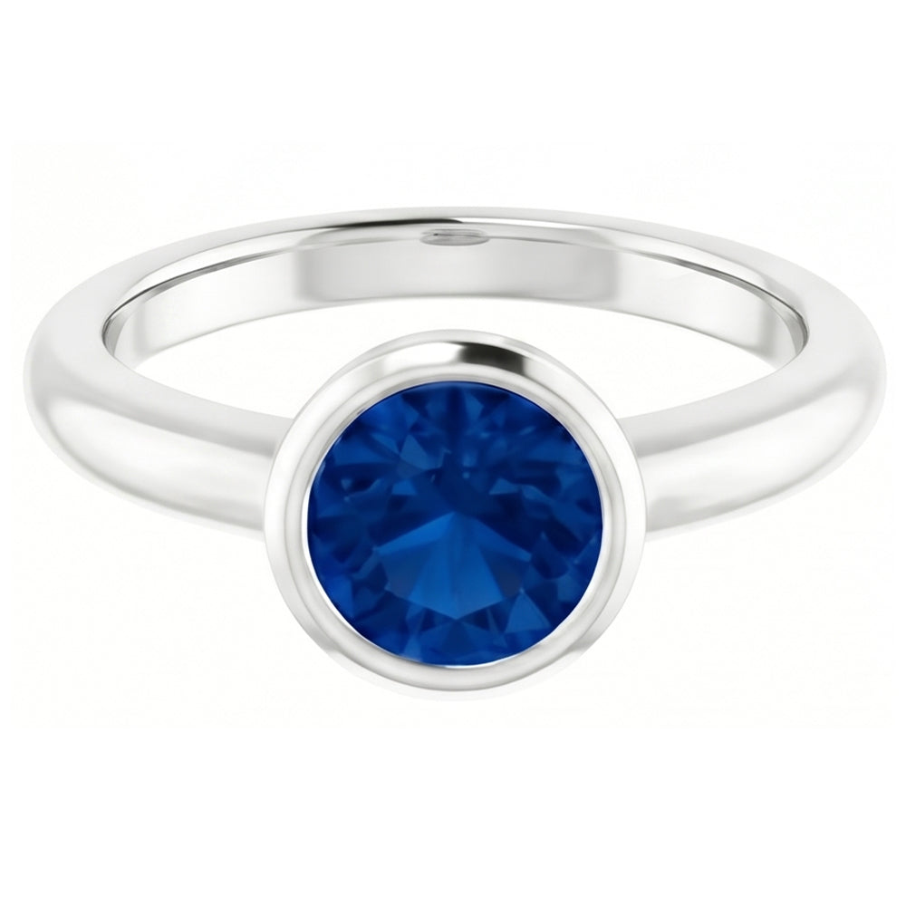 Solitärring Blauer Saphir 0,75 Karat Lünettenfassung Weißgold 14K
