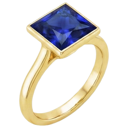 Solitärring Prinzessin Lünette Set Blauer Saphir 5 Karat Gelbgold