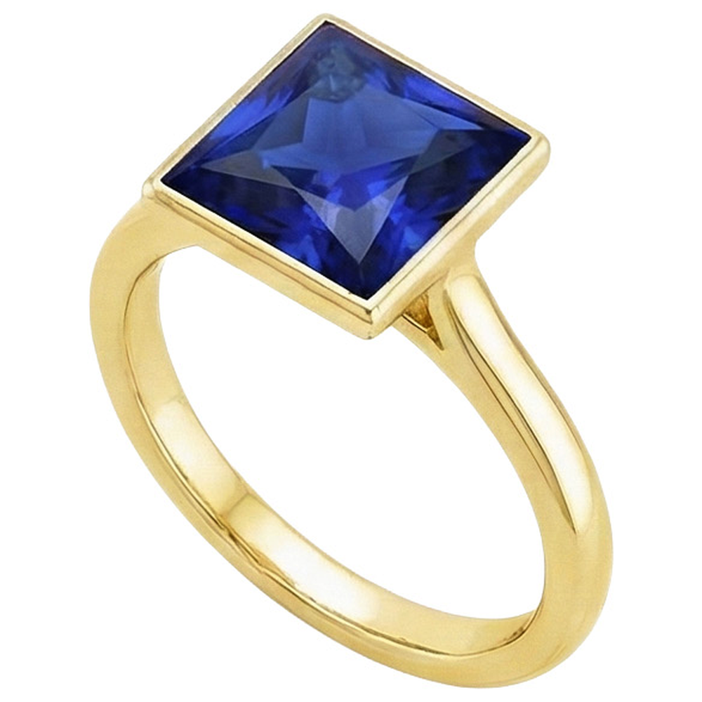 Solitärring Prinzessin Lünette Set Blauer Saphir 5 Karat Gelbgold