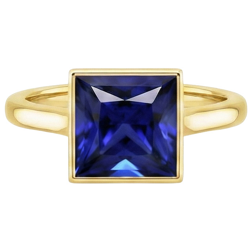 Solitärring Prinzessin Lünette Set Blauer Saphir 5 Karat Gelbgold
