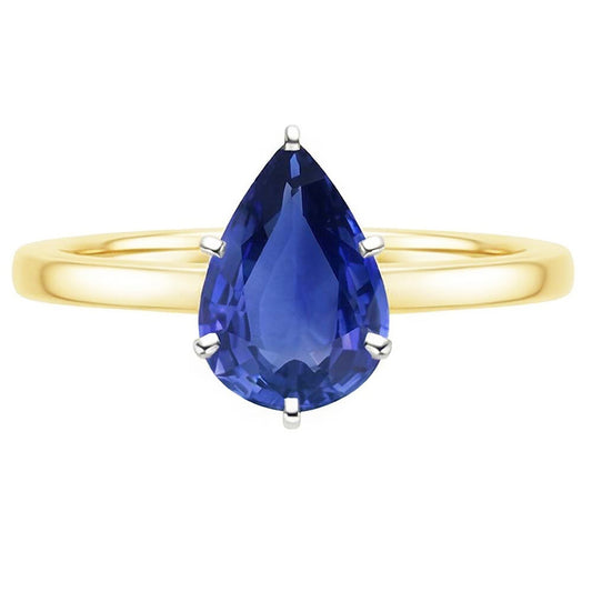Solitärring Zweifarbiges Gold 14K Birne Ceylon Saphir 2 Karat