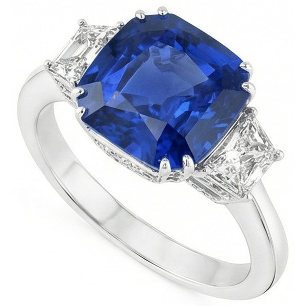 Sri Lanka Blauer Saphir Asscher Aus der Erde Abgebauter Natürlicher Diamantring 2 Kt. WG 14K