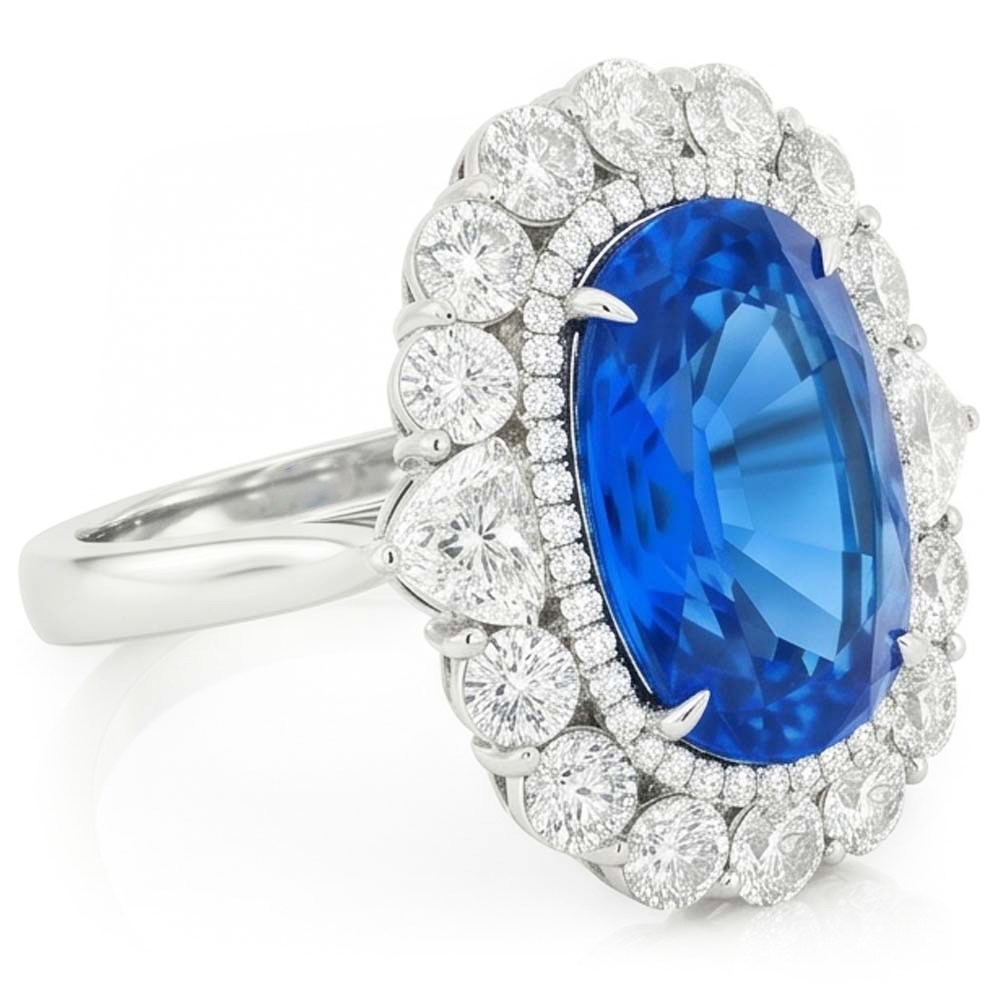 Sri Lanka Blauer Saphir Aus der Erde Abgebauter Natürlicher Diamant 8.25 Kt Ring Gold Weiß 14K