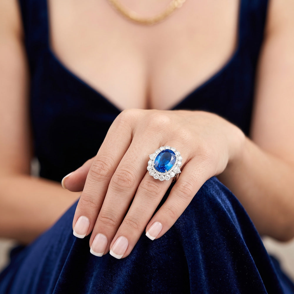 Sri Lanka Blauer Saphir Aus der Erde Abgebauter Natürlicher Diamant 8.25 Kt Ring Gold Weiß 14K