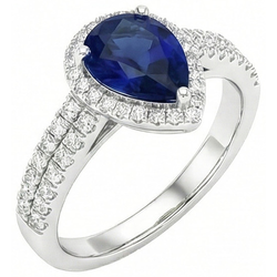 Sri Lanka Blauer Saphir Birne & Runder Aus der Erde Abgebauter Natürlicher Diamant Ring 2.75 Karat WG 14K