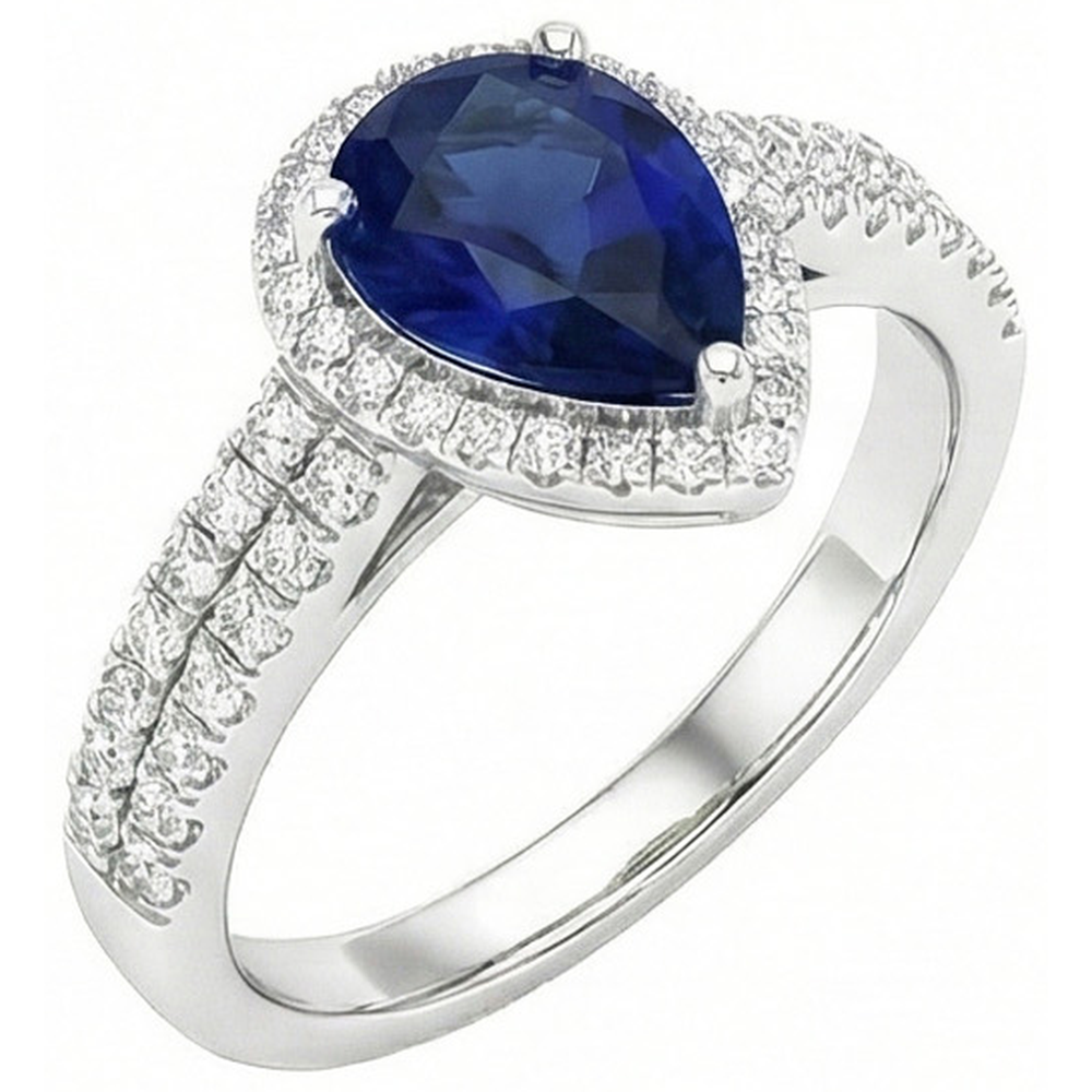 Sri Lanka Blauer Saphir Birne & Runder Aus der Erde Abgebauter Natürlicher Diamant Ring 2.75 Karat WG 14K