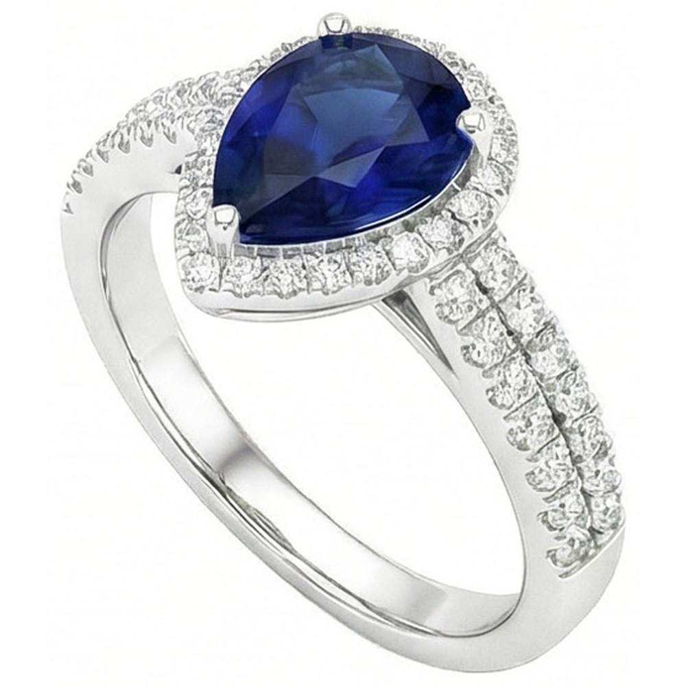 Sri Lanka Blauer Saphir Birne & Runder Aus der Erde Abgebauter Natürlicher Diamant Ring 2.75 Karat WG 14K