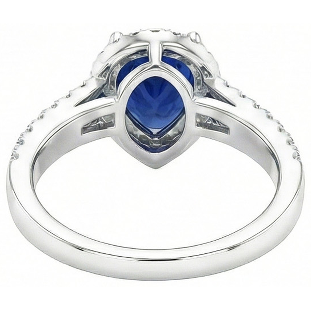 Sri Lanka Blauer Saphir Birne & Runder Aus der Erde Abgebauter Natürlicher Diamant Ring 2.75 Karat WG 14K