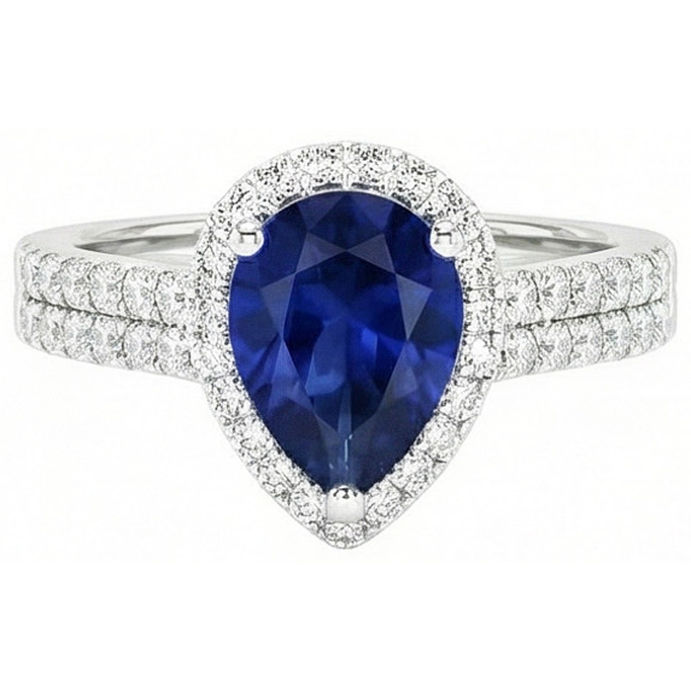 Sri Lanka Blauer Saphir Birne & Runder Aus der Erde Abgebauter Natürlicher Diamant Ring 2.75 Karat WG 14K