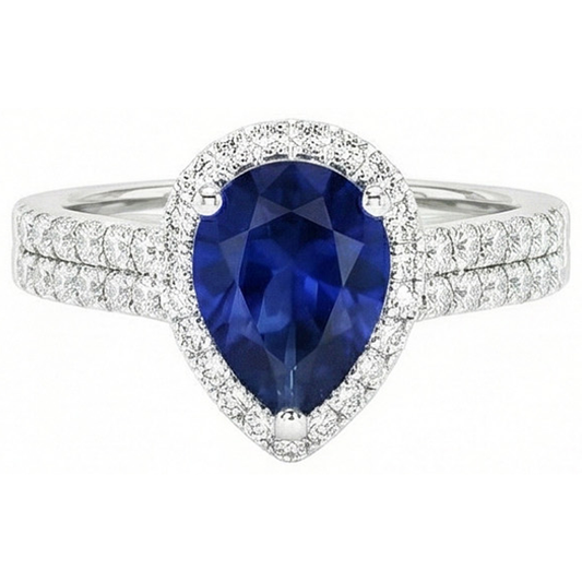 Sri Lanka Blauer Saphir Birne & Runder Aus der Erde Abgebauter Natürlicher Diamant Ring 2.75 Karat WG 14K