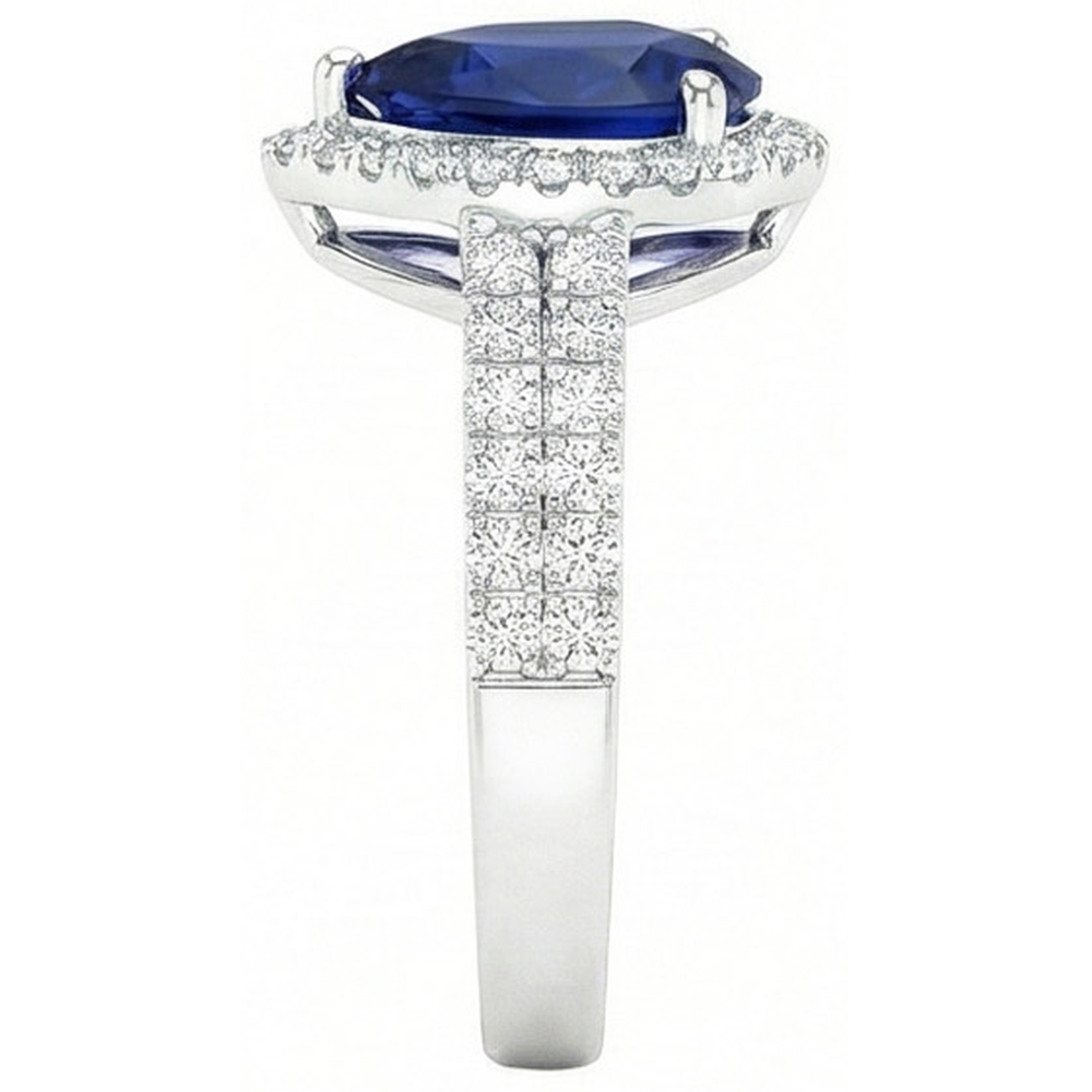 Sri Lanka Blauer Saphir Birne & Runder Aus der Erde Abgebauter Natürlicher Diamant Ring 2.75 Karat WG 14K