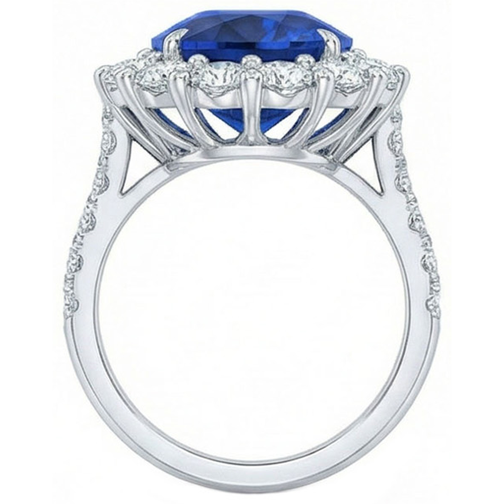 Sri Lanka Blauer Saphir Halo Aus der Erde Abgebauter Natürlicher Diamantring 4,50 Karat Weißgold 14K