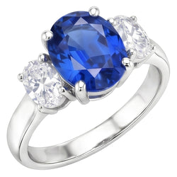 Sri Lanka Blauer Saphir & Aus der Erde Abgebauter Natürlicher Diamant Ring 3 Steine 2.60 Karat WG 14K
