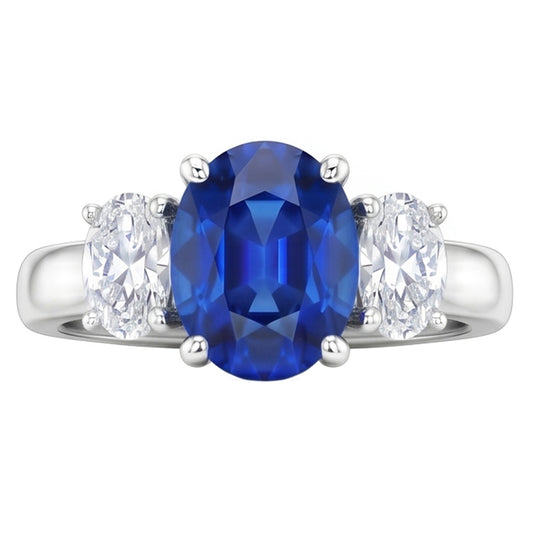 Sri Lanka Blauer Saphir & Aus der Erde Abgebauter Natürlicher Diamant Ring 3 Steine 2.60 Karat WG 14K