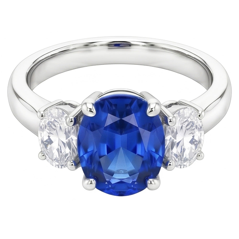 Sri Lanka Blauer Saphir & Aus der Erde Abgebauter Natürlicher Diamant Ring 3 Steine 2.60 Karat WG 14K