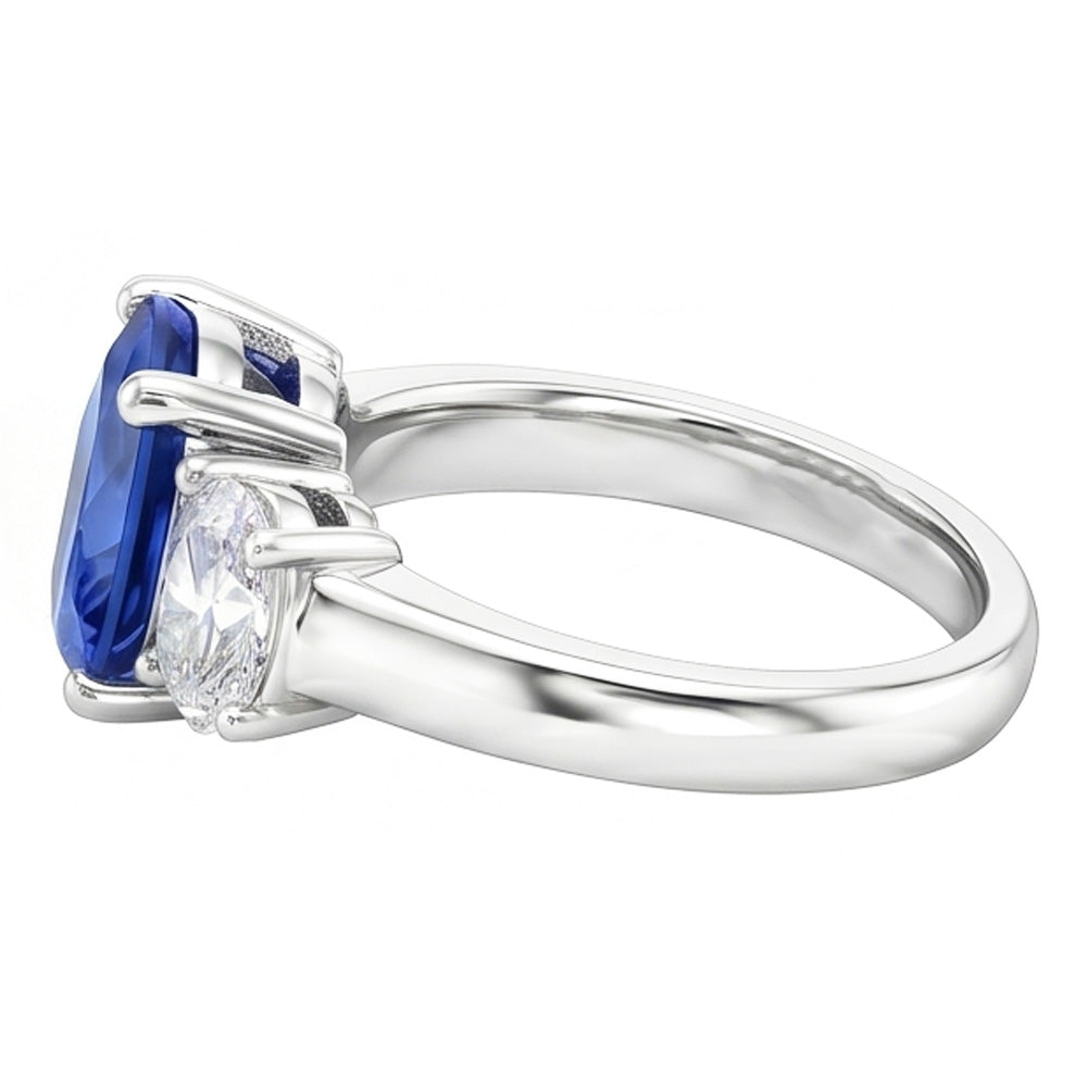Sri Lanka Blauer Saphir & Aus der Erde Abgebauter Natürlicher Diamant Ring 3 Steine 2.60 Karat WG 14K