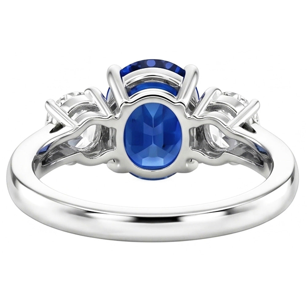 Sri Lanka Blauer Saphir & Aus der Erde Abgebauter Natürlicher Diamant Ring 3 Steine 2.60 Karat WG 14K