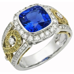 Sri Lanka Blue Sapphire Cushion Aus der Erde Abgebauter Natürlicher Diamants Ring 3.26 Karat zweifarbig 14K