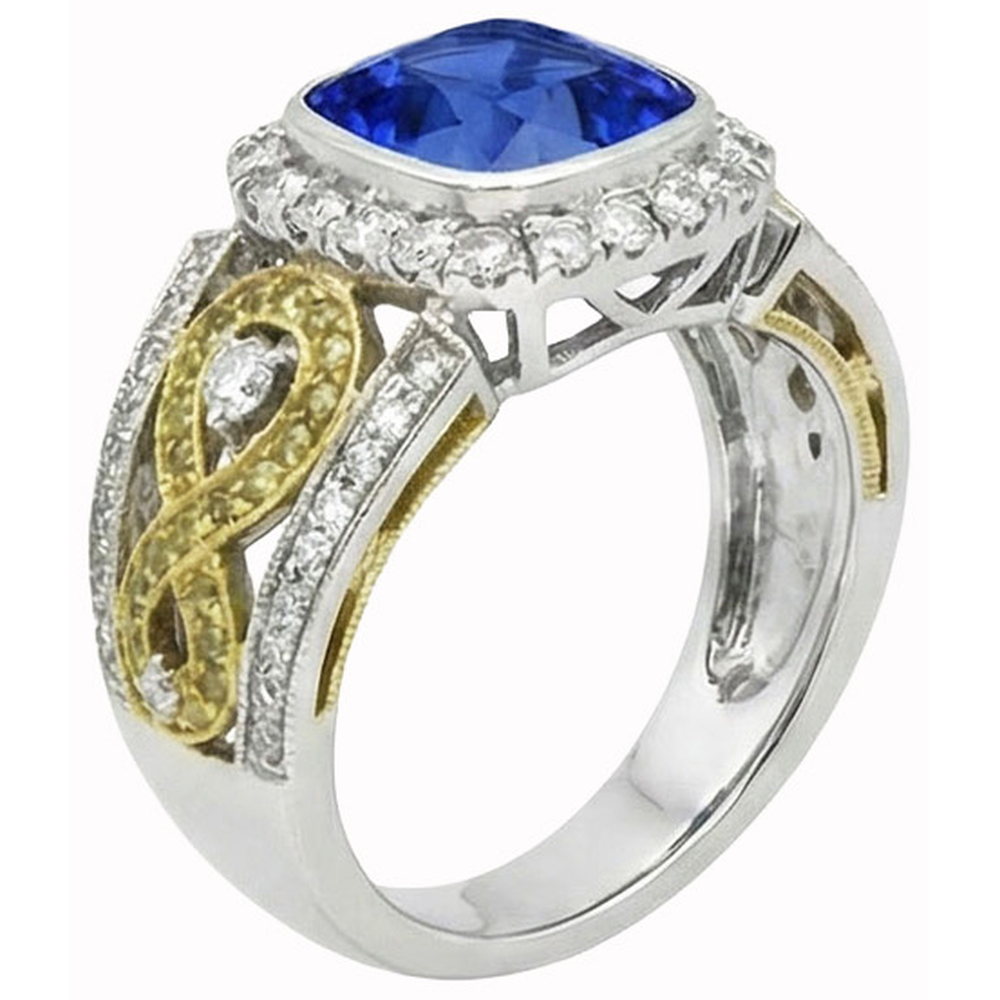 Sri Lanka Blue Sapphire Cushion Aus der Erde Abgebauter Natürlicher Diamants Ring 3.26 Karat zweifarbig 14K