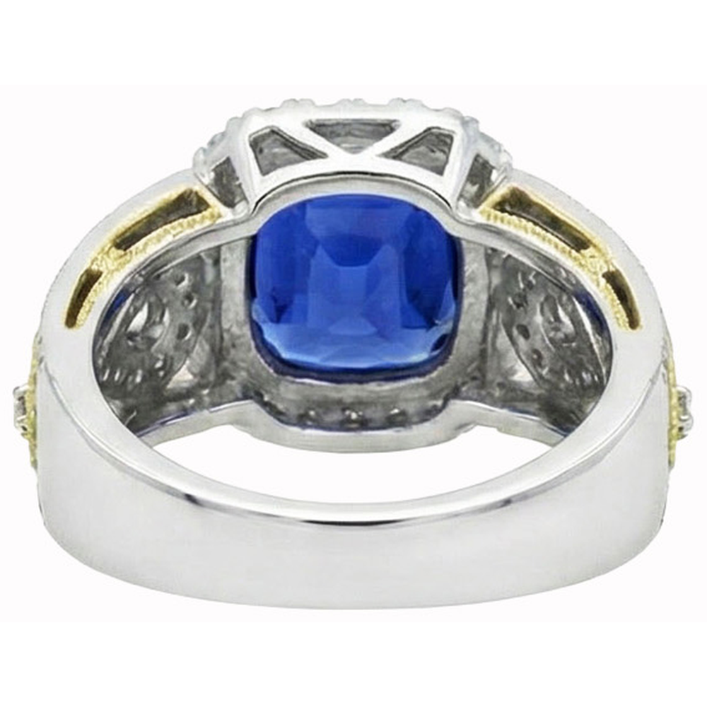 Sri Lanka Blue Sapphire Cushion Aus der Erde Abgebauter Natürlicher Diamants Ring 3.26 Karat zweifarbig 14K