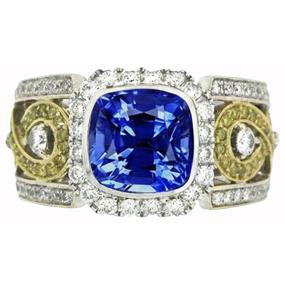 Sri Lanka Blue Sapphire Cushion Aus der Erde Abgebauter Natürlicher Diamants Ring 3.26 Karat zweifarbig 14K