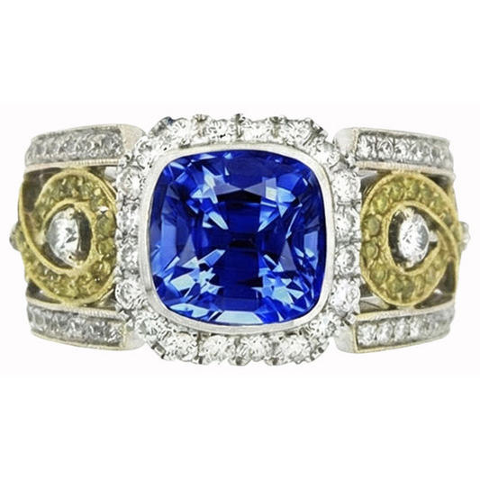 Sri Lanka Blue Sapphire Cushion Aus der Erde Abgebauter Natürlicher Diamants Ring 3.26 Karat zweifarbig 14K