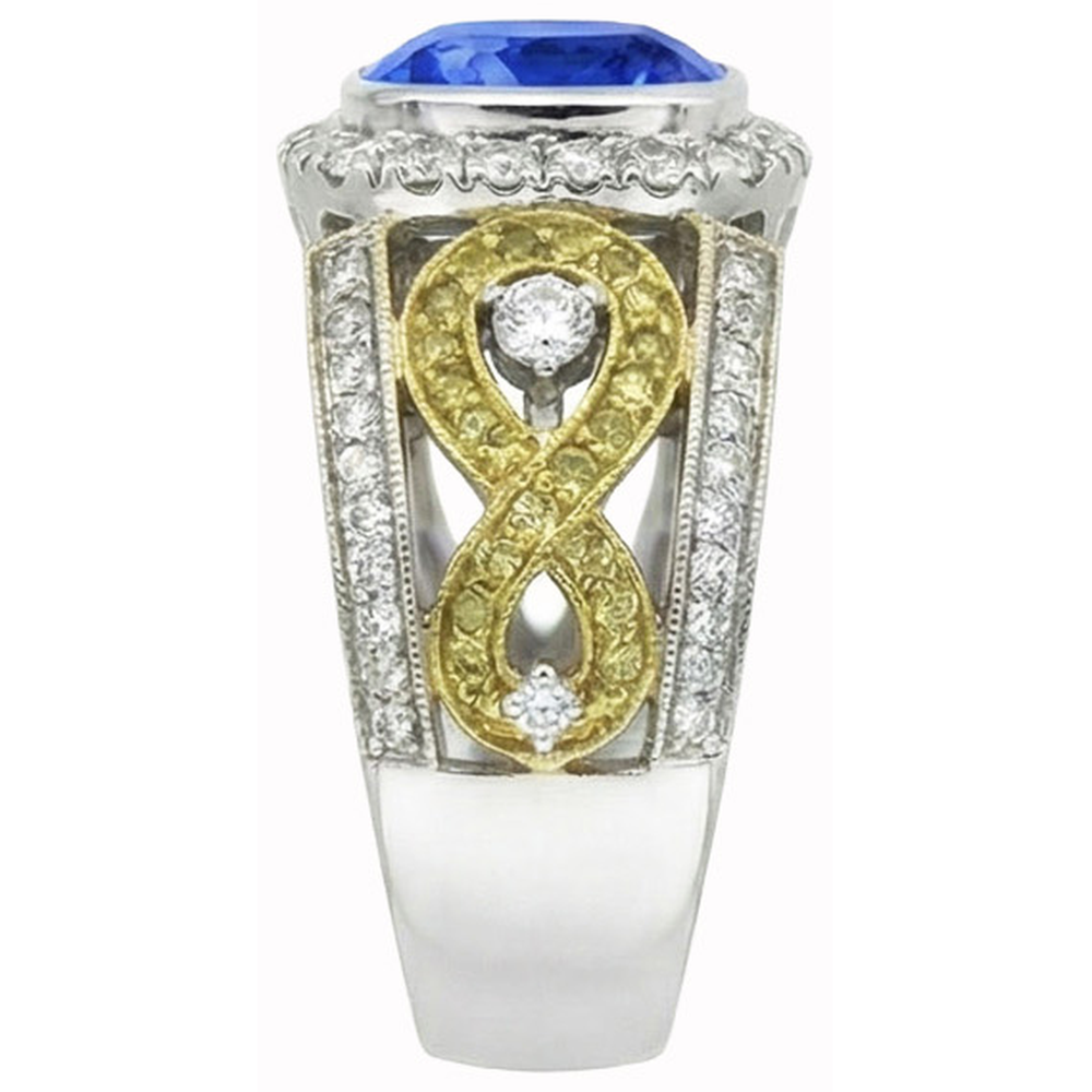 Sri Lanka Blue Sapphire Cushion Aus der Erde Abgebauter Natürlicher Diamants Ring 3.26 Karat zweifarbig 14K